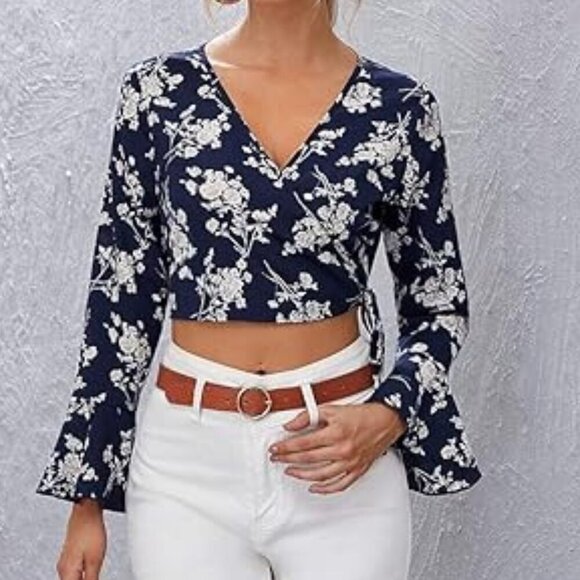 Floral Wrap & Tie Waist Crop Long Sleeve Bell Peplum in Navy & Cream Blouse - Picture 1 of 11
